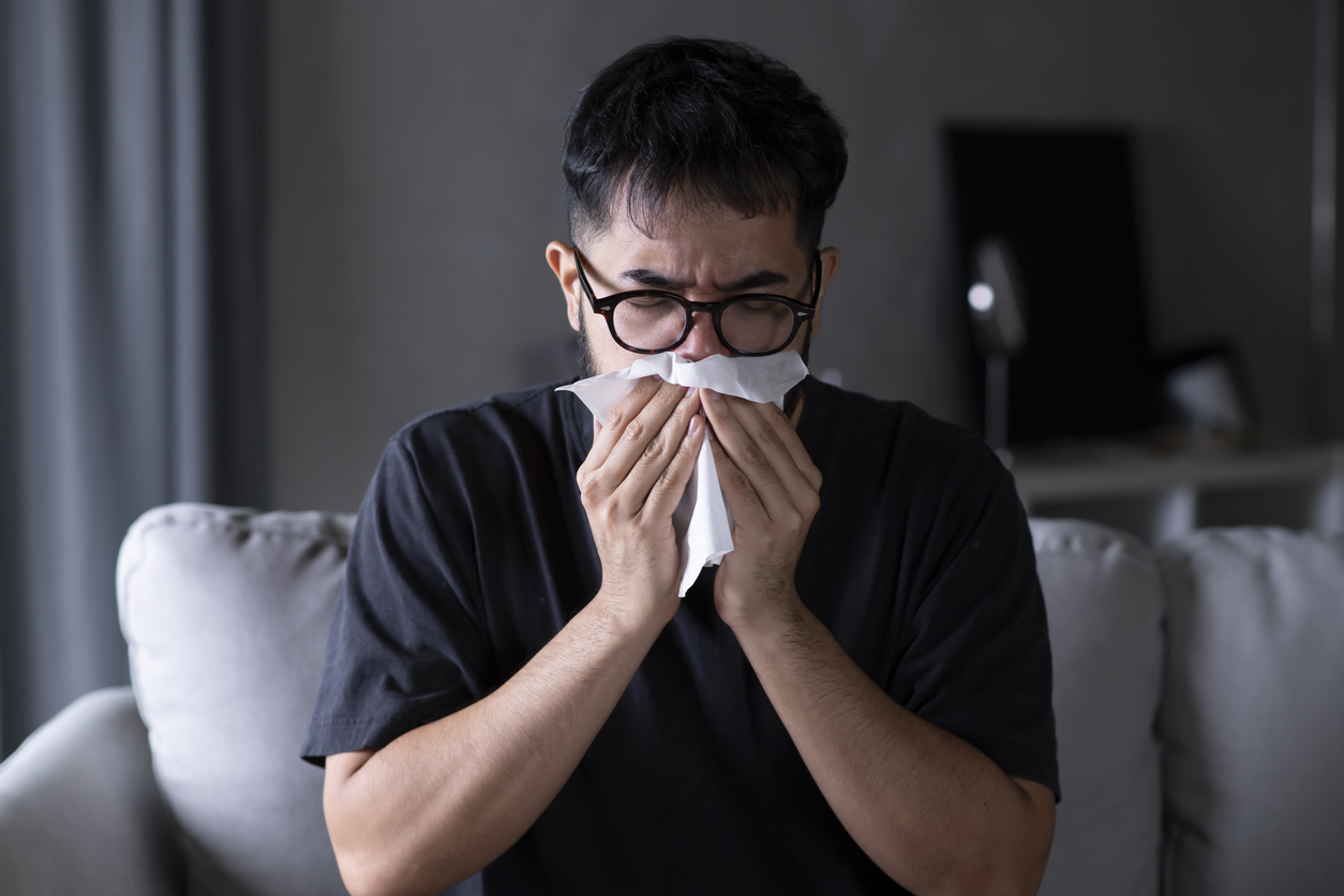 Man with hay fever symptoms, allergies